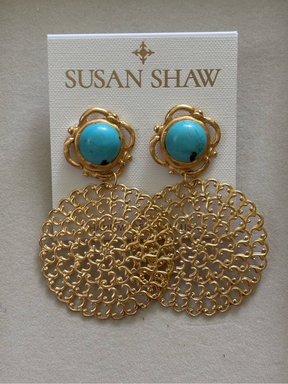 Susan Shaw Gold Filigree Drop Earrings with Turquoise Cabochon